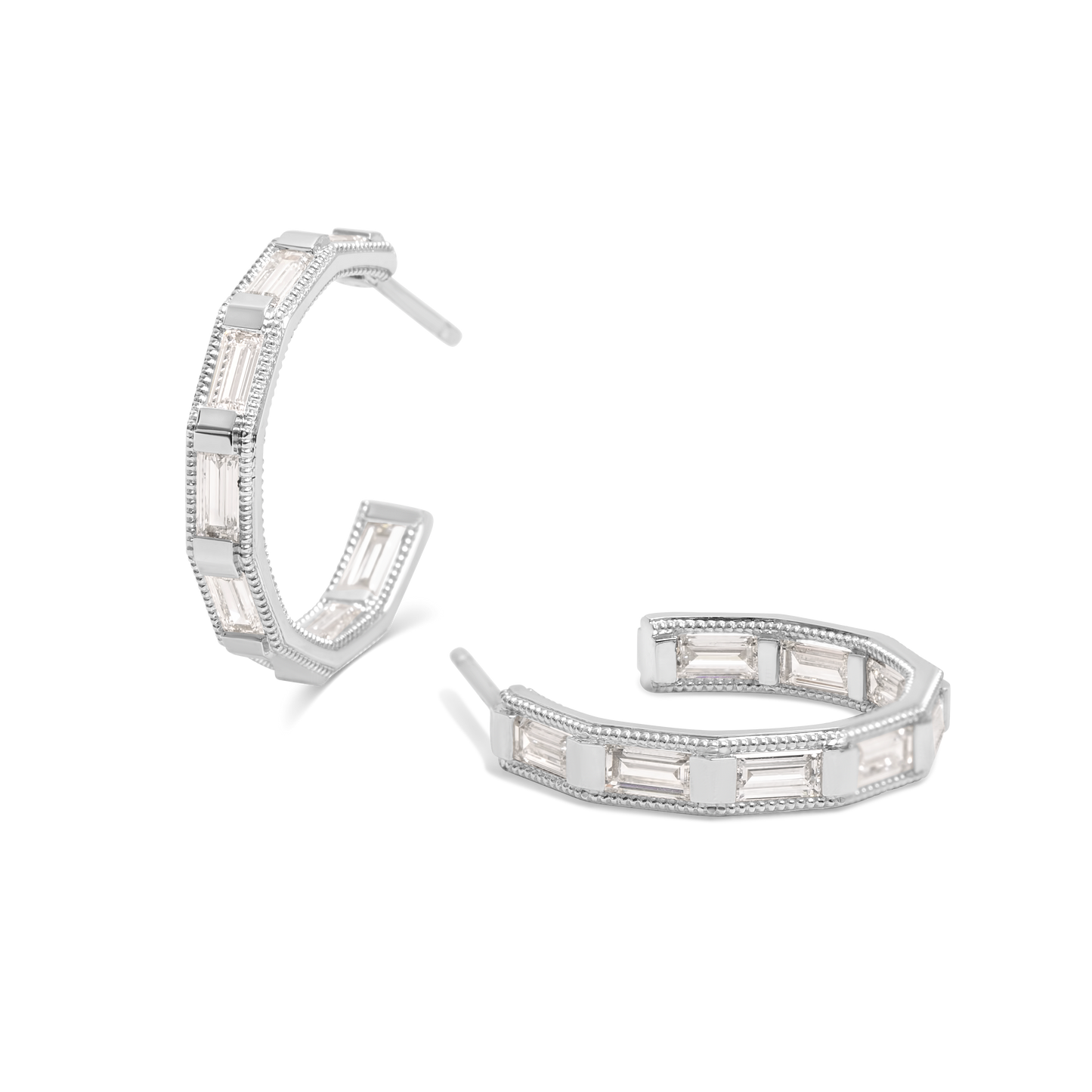 Emerald Cut Diamond Hoop Earrings | 18K Gold
