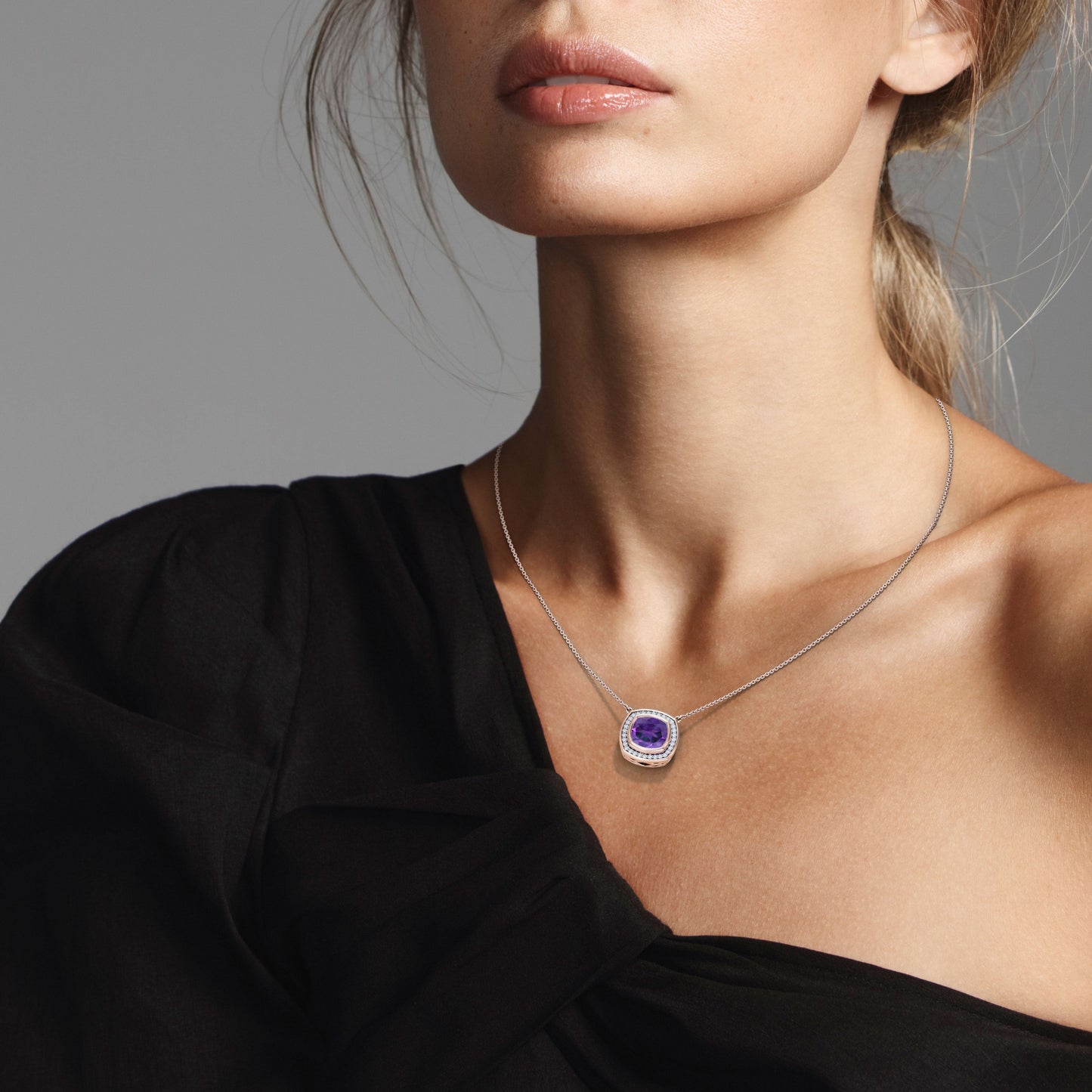 Amethyst & Diamond Cushion Shaped Necklace in 14K Gold