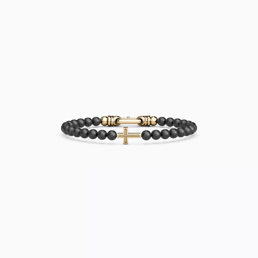 Cross Bracelet in 14K Gold With 6mm Onyx Beads