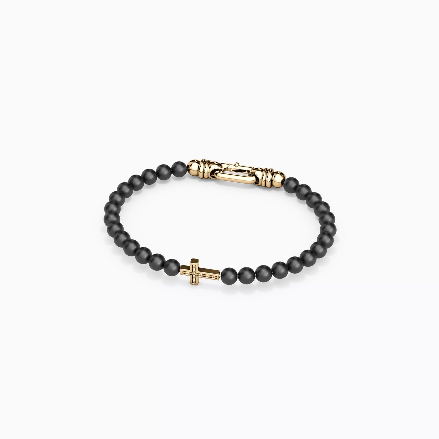 Cross Bracelet in 14K Gold With 6mm Onyx Beads