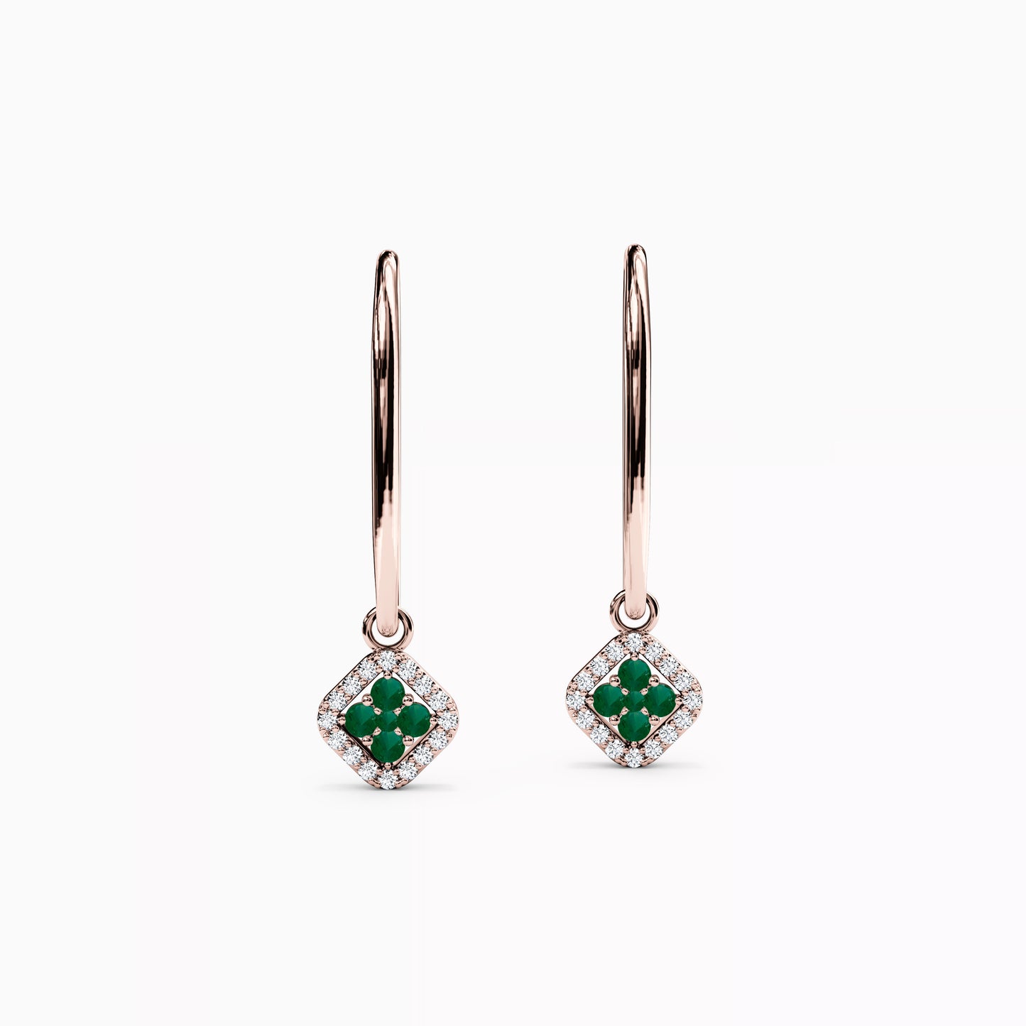 Shared Prong Drop Earrings in 14K Gold With Emeralds And Diamonds