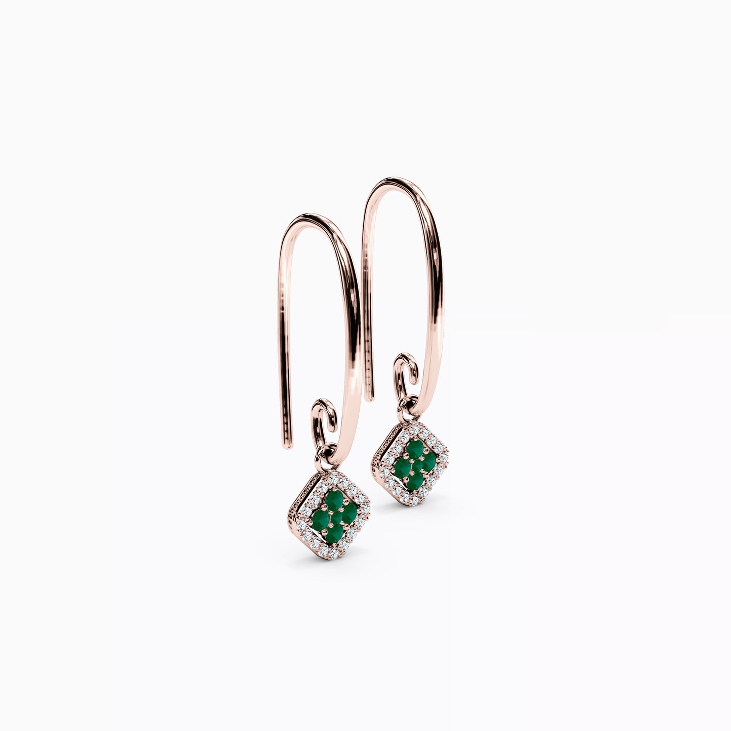 Shared Prong Drop Earrings in 14K Gold With Emeralds And Diamonds
