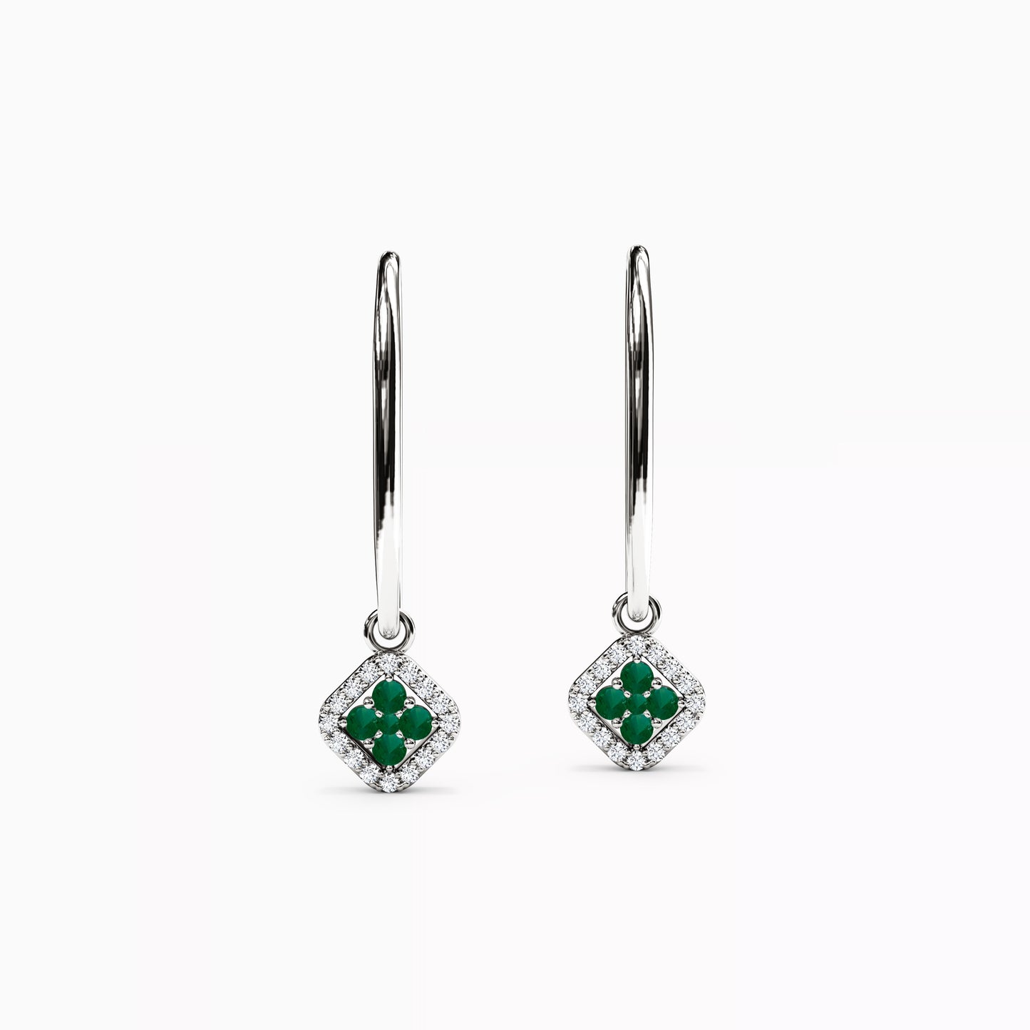 Shared Prong Drop Earrings in 14K Gold With Emeralds And Diamonds