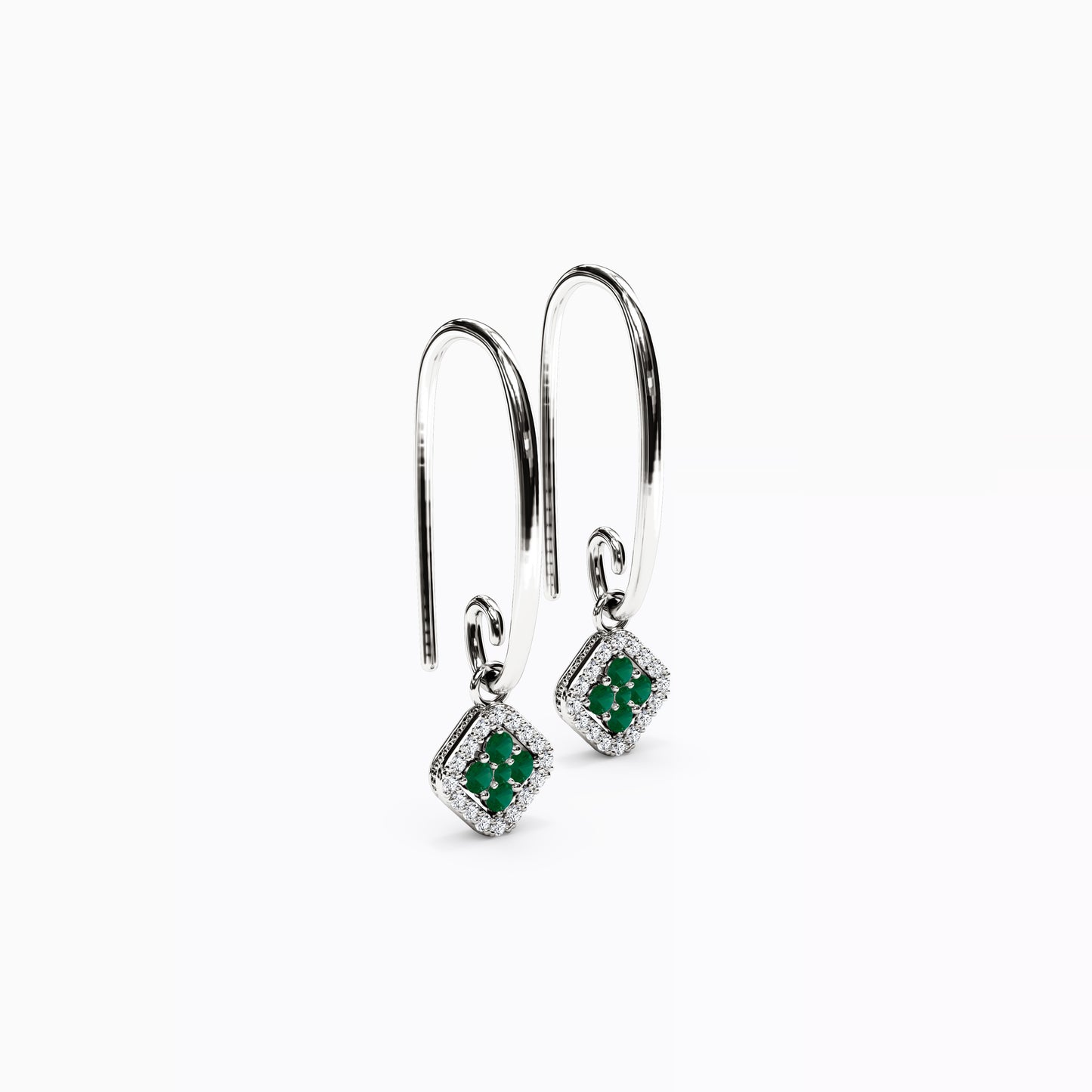Shared Prong Drop Earrings in 14K Gold With Emeralds And Diamonds