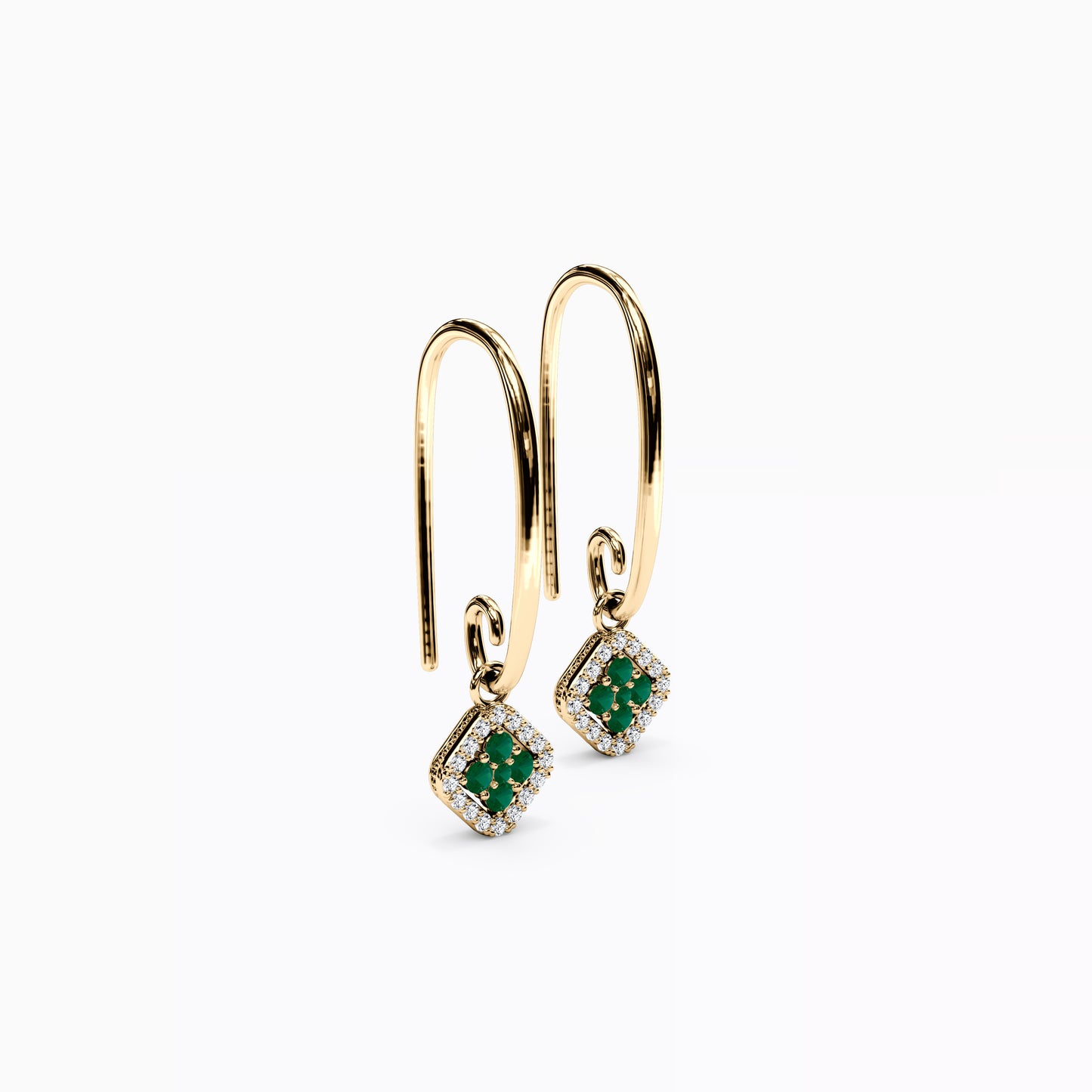 Shared Prong Drop Earrings in 14K Gold With Emeralds And Diamonds