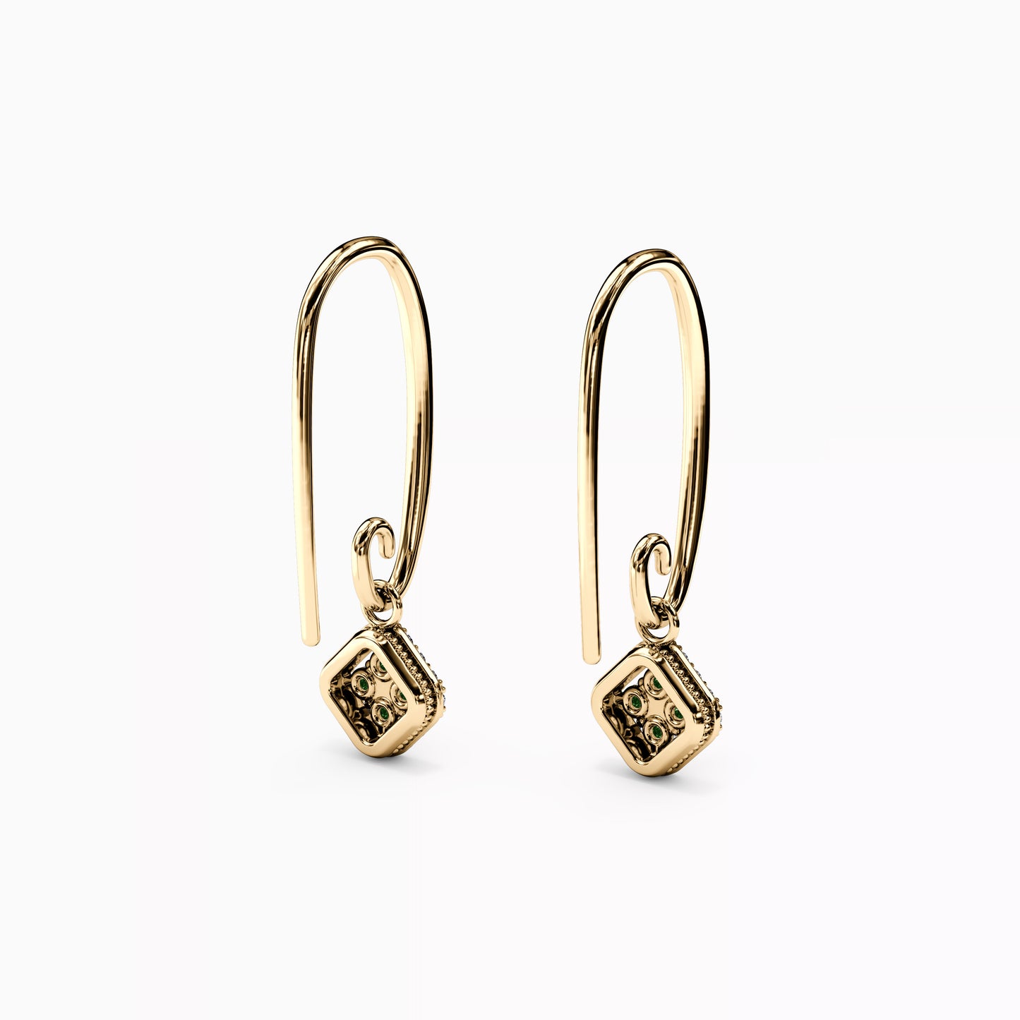 Shared Prong Drop Earrings in 14K Gold With Emeralds And Diamonds