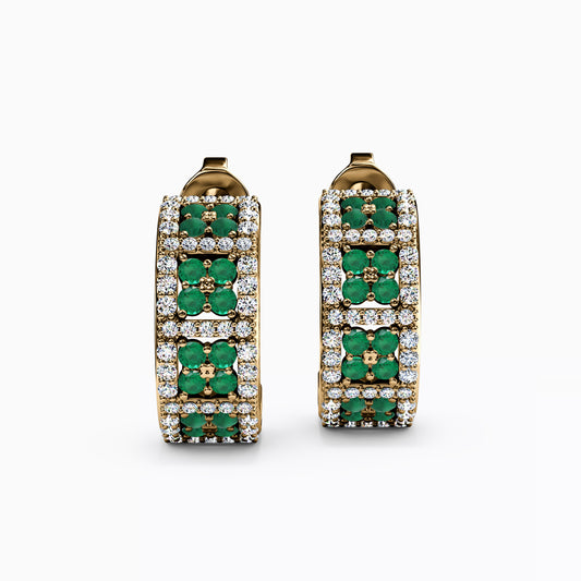 Shared Prong Detailed Edge Half-Hoop Earrings in 14K Gold With Emeralds And Diamonds