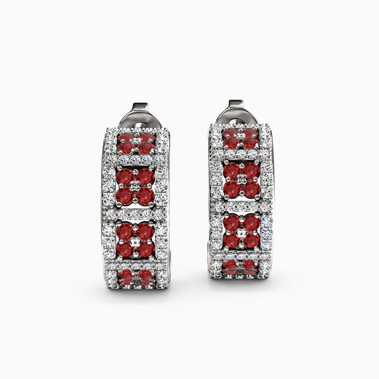 Shared Prong Detailed Edge Half-Hoop Earrings in 14K Gold With Rubies And Diamonds
