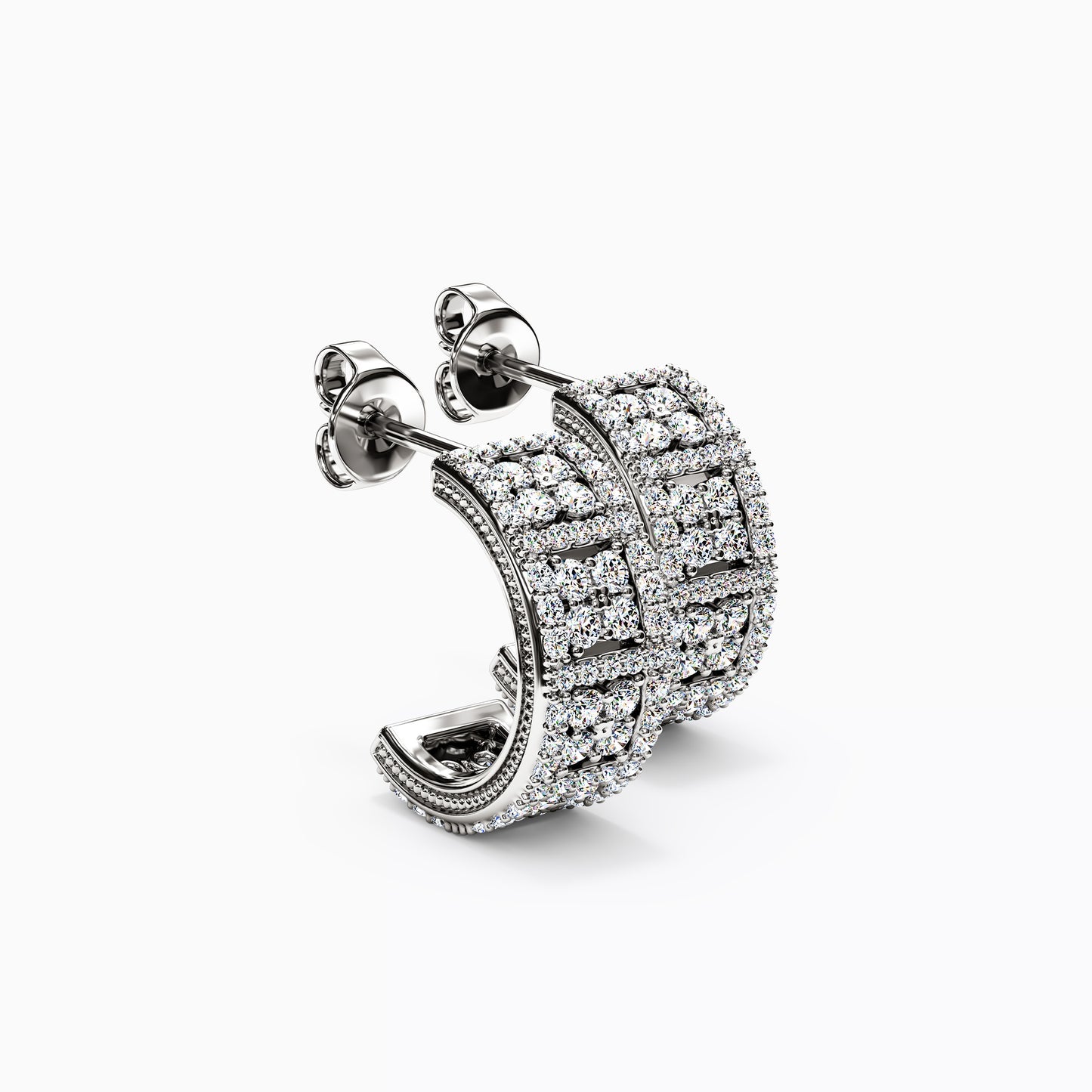 Shared Prong Detailed Edge Half-Hoop Earrings in 14K Gold With Diamonds