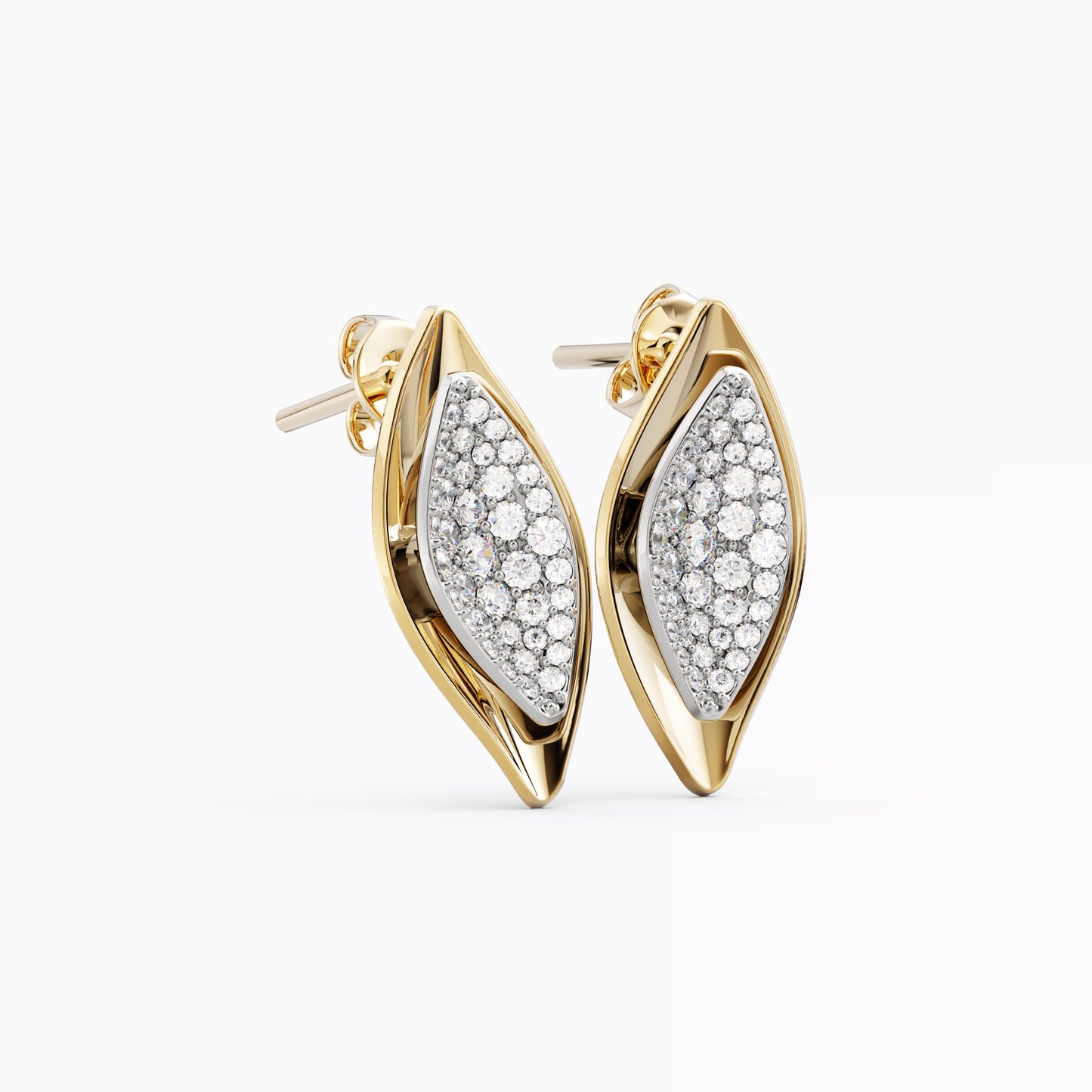 Layered Leaf Stud Earrings in 18K Gold and Platinum with Diamonds