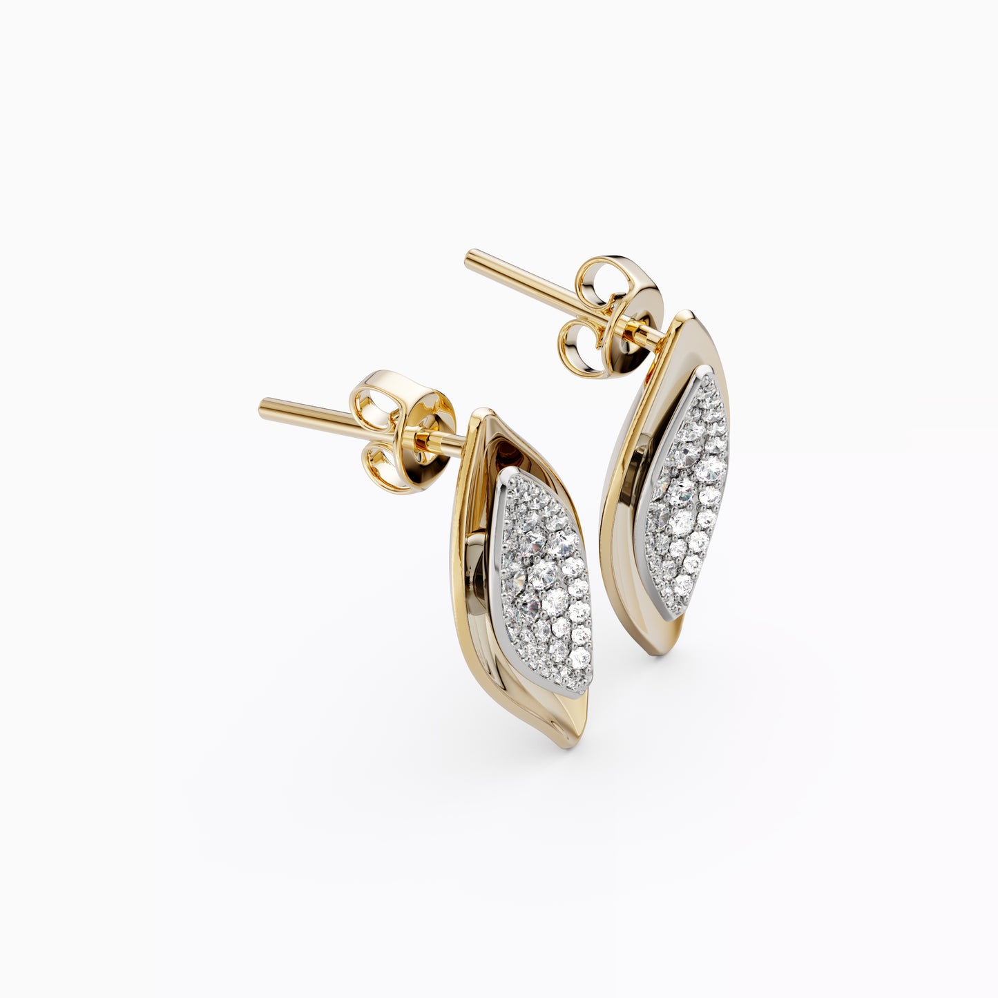 Layered Leaf Stud Earrings in 18K Gold and Platinum with Diamonds