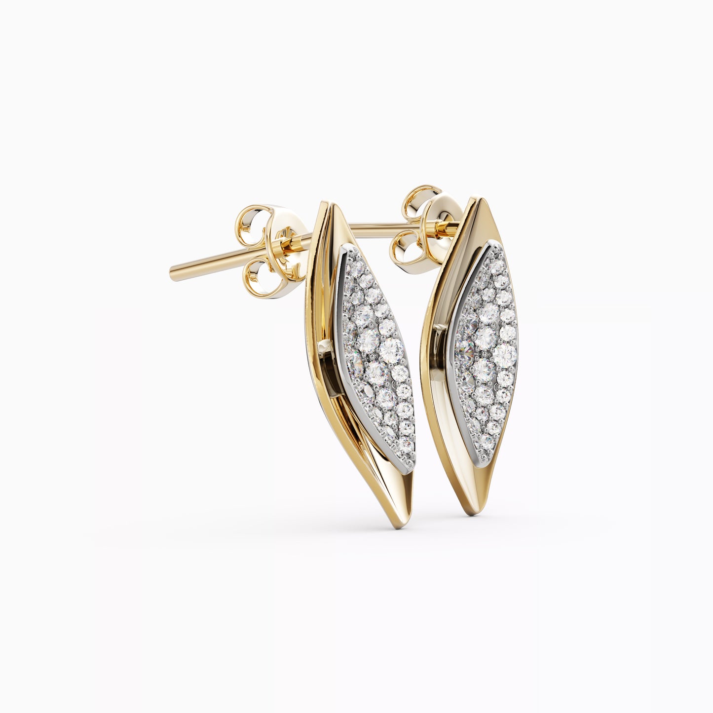 Layered Leaf Stud Earrings in 18K Gold and Platinum with Diamonds