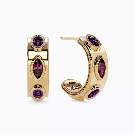 Milgrain Alternating Amethyst and Rhodolite Hoop Earrings in 18K Gold