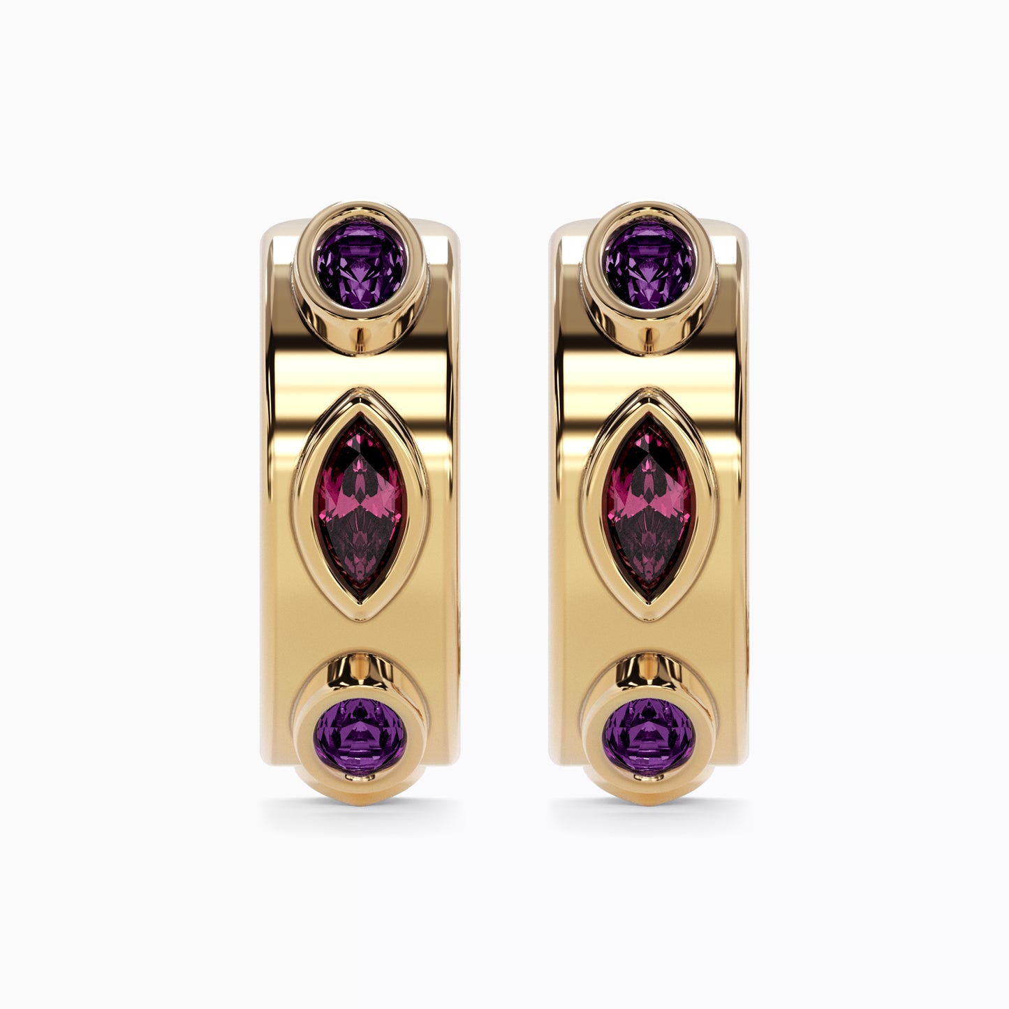 Milgrain Alternating Amethyst and Rhodolite Hoop Earrings in 18K Gold