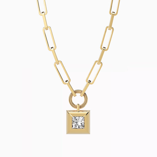 Paper Clip Necklace with Geometric Drop in 18K Yellow Gold with Diamond