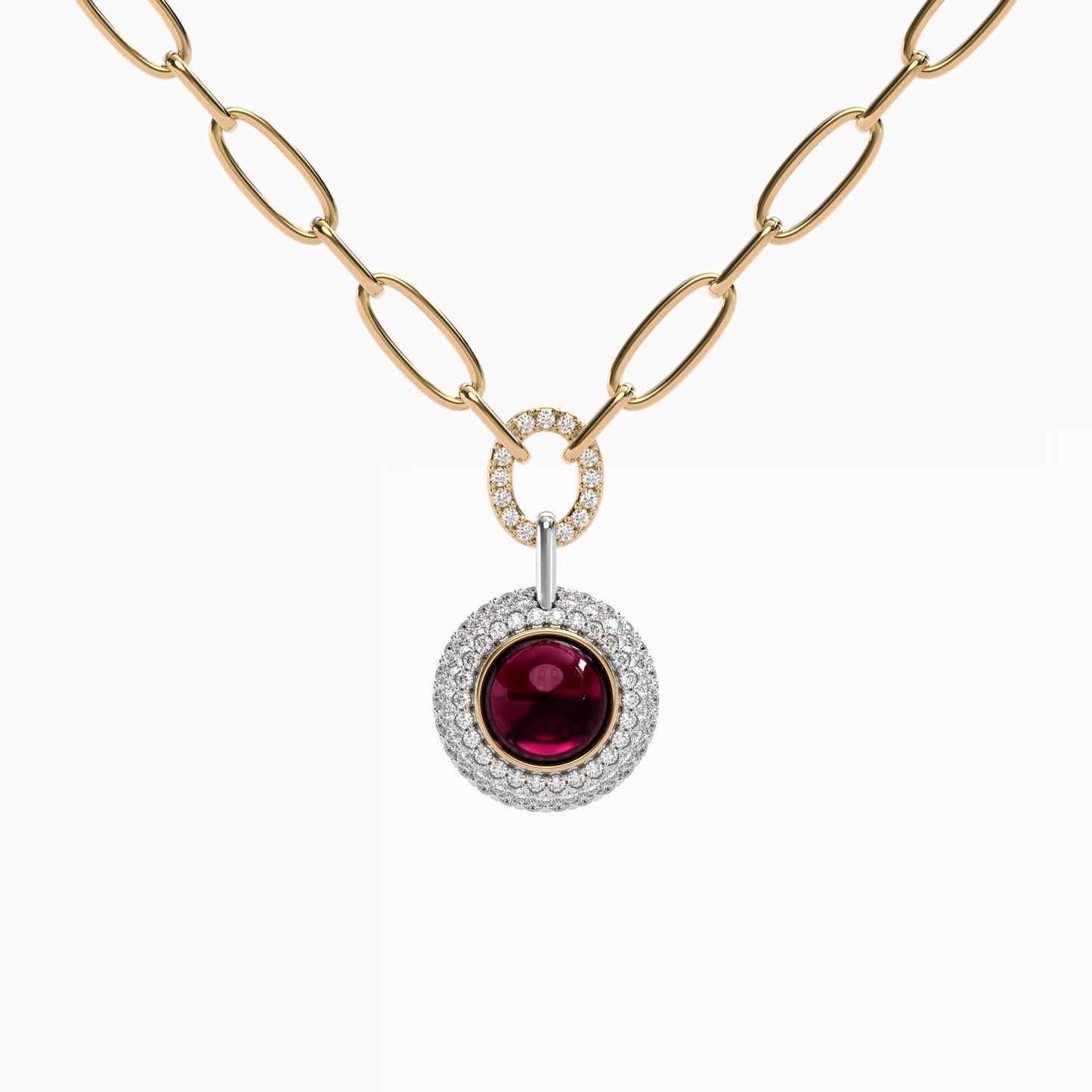 Puffed Diamond Halo Rhodolite Necklace in 18 Karat Gold and Platinum