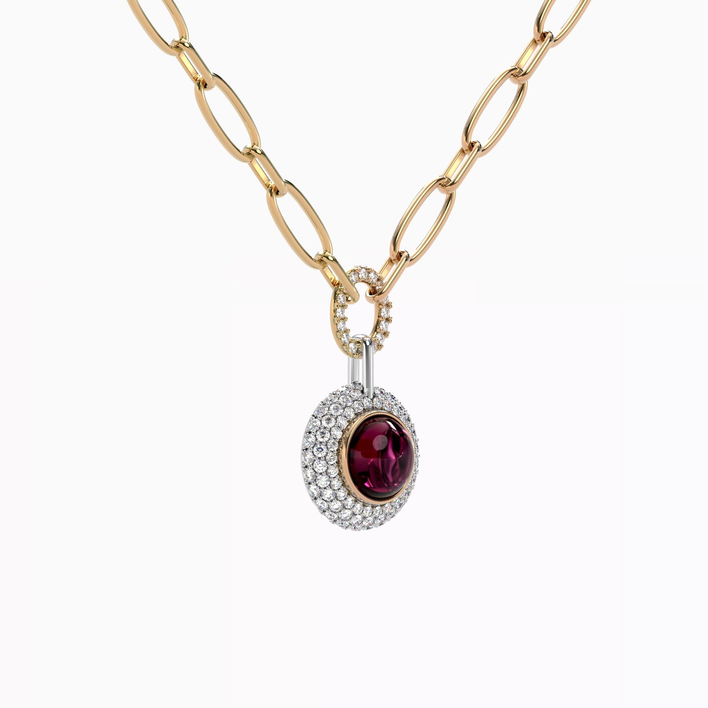 Puffed Diamond Halo Rhodolite Necklace in 18 Karat Gold and Platinum