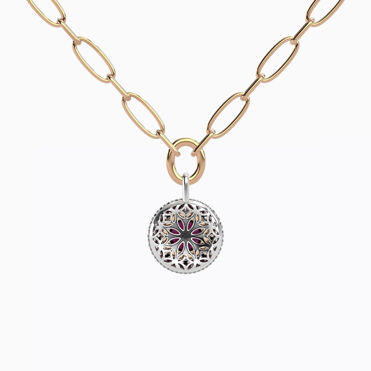 Puffed Diamond Halo Rhodolite Necklace in 18 Karat Gold and Platinum