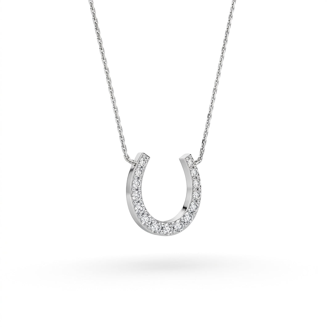 Lucky Horseshoe Paperclip Necklace | 14K White Gold with diamond