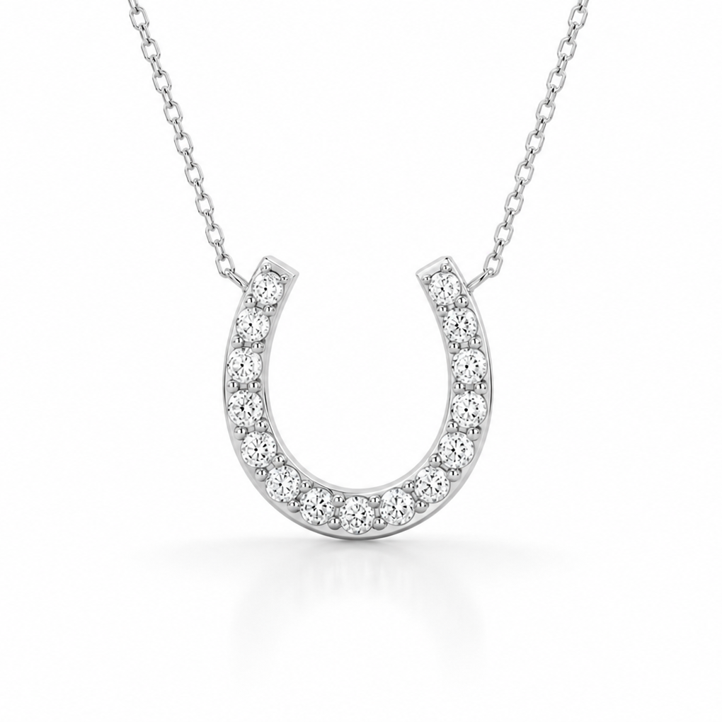 Lucky Horseshoe Paperclip Necklace | 14K White Gold with diamond