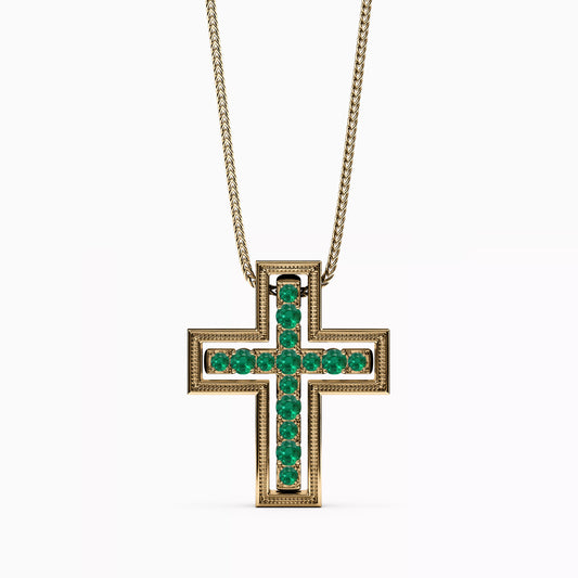 Shared Prong Detachable Two-Piece Cross Pendant in 14K Gold With Emeralds