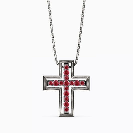 Shared Prong Detachable Two-Piece Cross Pendant in 14K Gold With Rubies