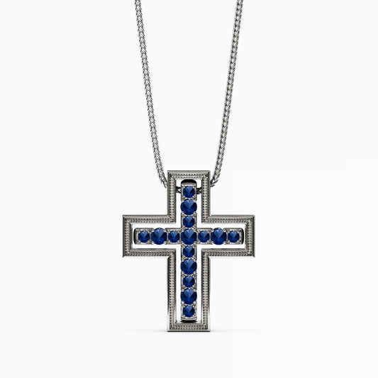Shared Prong Detachable Two-Piece Cross Pendant in 14K Gold With Sapphires