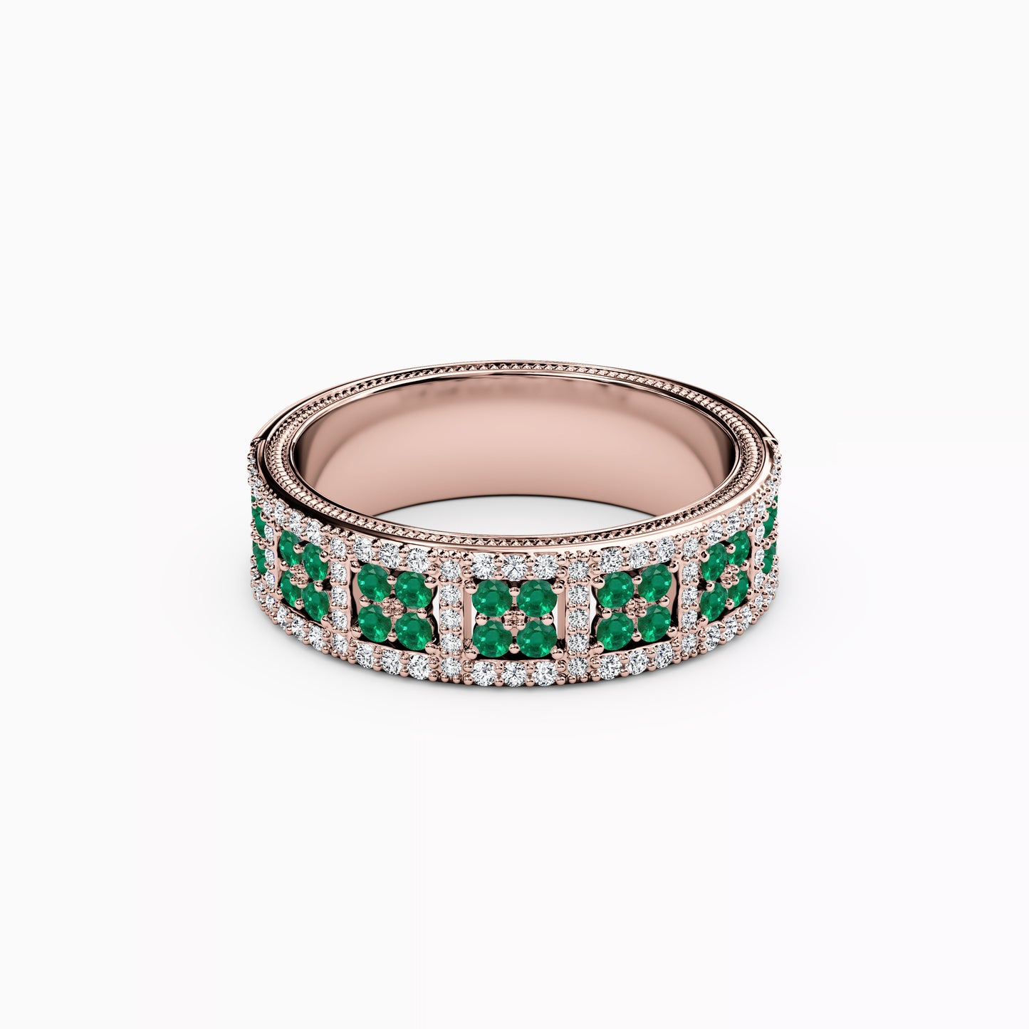 Shared Prong Detailed Edge Ring in 14K Gold With Emeralds and Diamonds