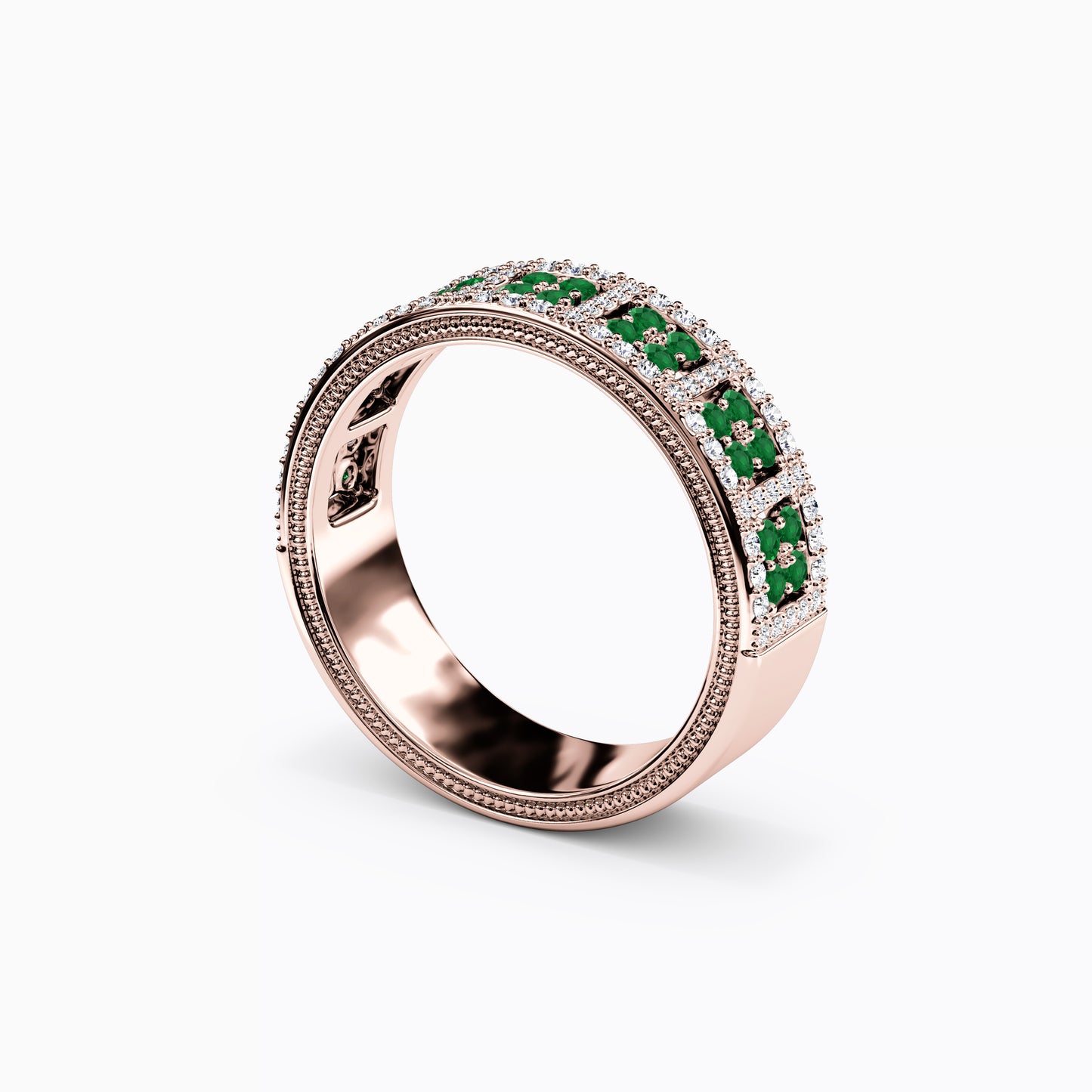 Shared Prong Detailed Edge Ring in 14K Gold With Emeralds and Diamonds