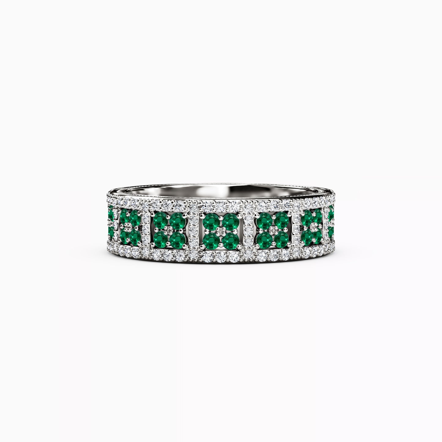 Shared Prong Detailed Edge Ring in 14K Gold With Emeralds and Diamonds