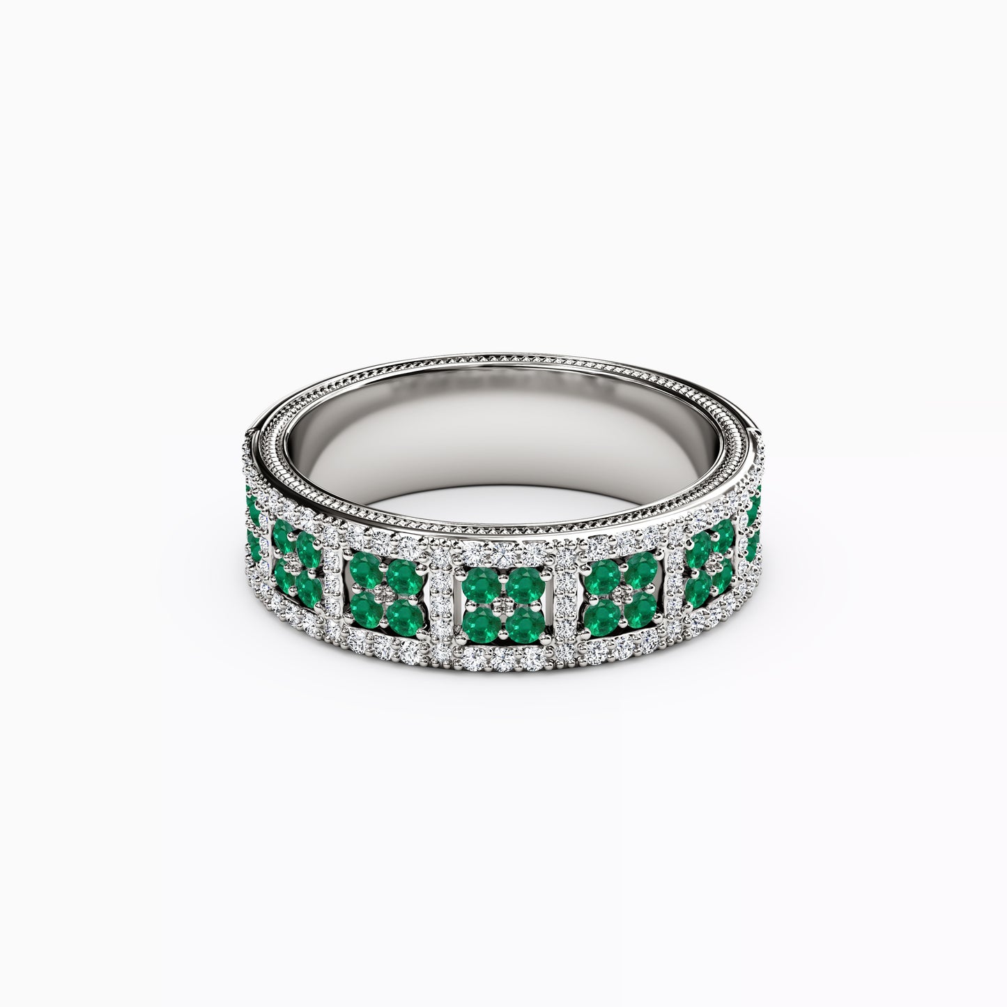 Shared Prong Detailed Edge Ring in 14K Gold With Emeralds and Diamonds