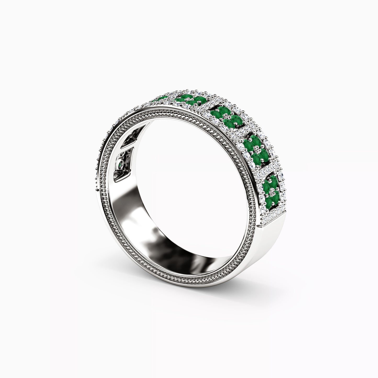 Shared Prong Detailed Edge Ring in 14K Gold With Emeralds and Diamonds
