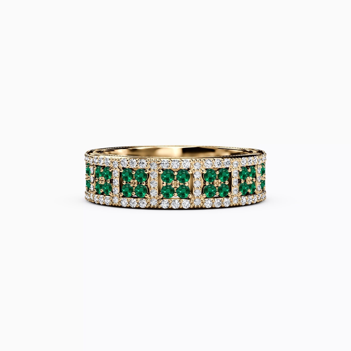 Shared Prong Detailed Edge Ring in 14K Gold With Emeralds and Diamonds