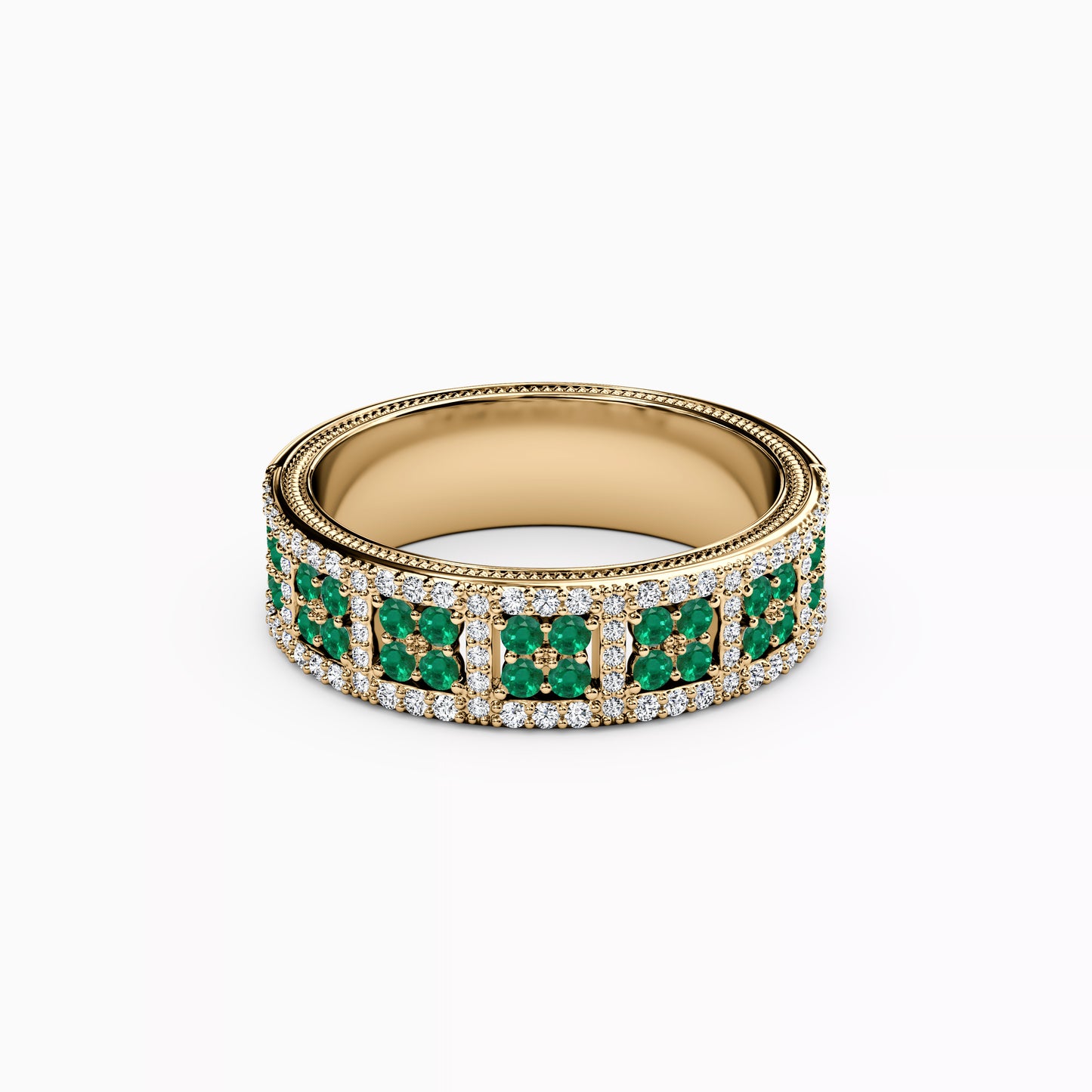 Shared Prong Detailed Edge Ring in 14K Gold With Emeralds and Diamonds