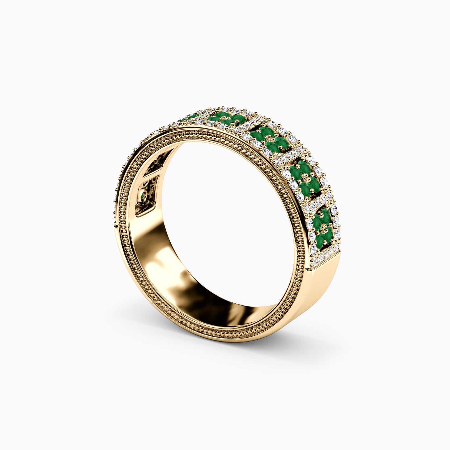 Shared Prong Detailed Edge Ring in 14K Gold With Emeralds and Diamonds