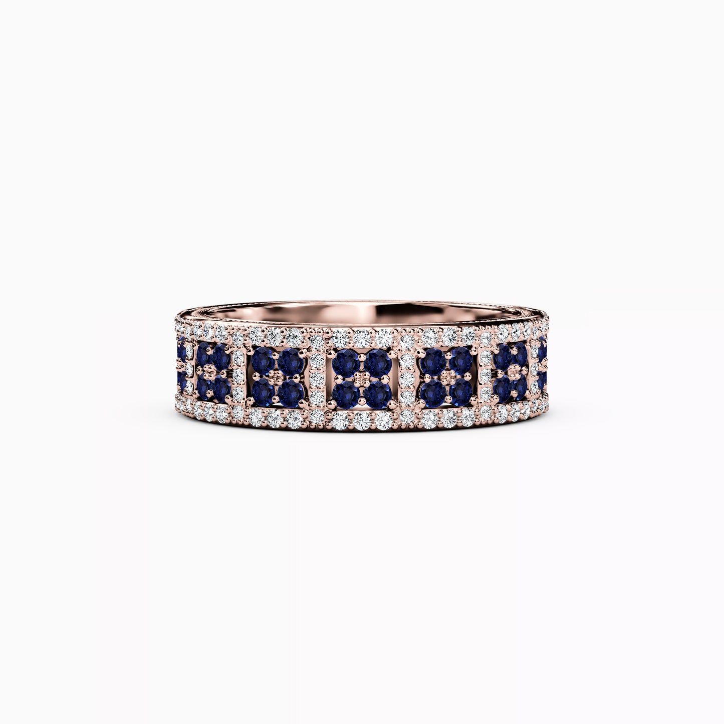 Shared Prong Detailed Edge Ring in 14K Gold With Sapphires and Diamonds