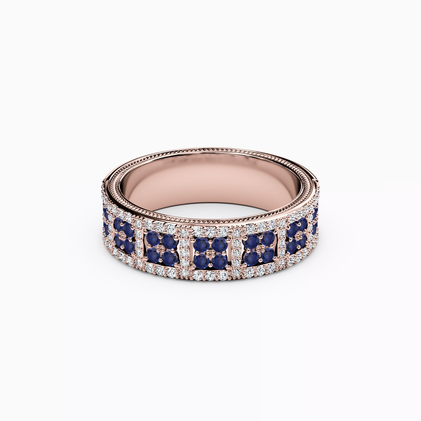 Shared Prong Detailed Edge Ring in 14K Gold With Sapphires and Diamonds