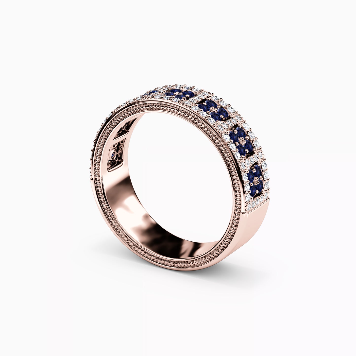 Shared Prong Detailed Edge Ring in 14K Gold With Sapphires and Diamonds