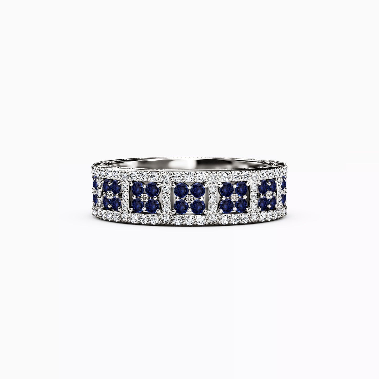 Shared Prong Detailed Edge Ring in 14K Gold With Sapphires and Diamonds