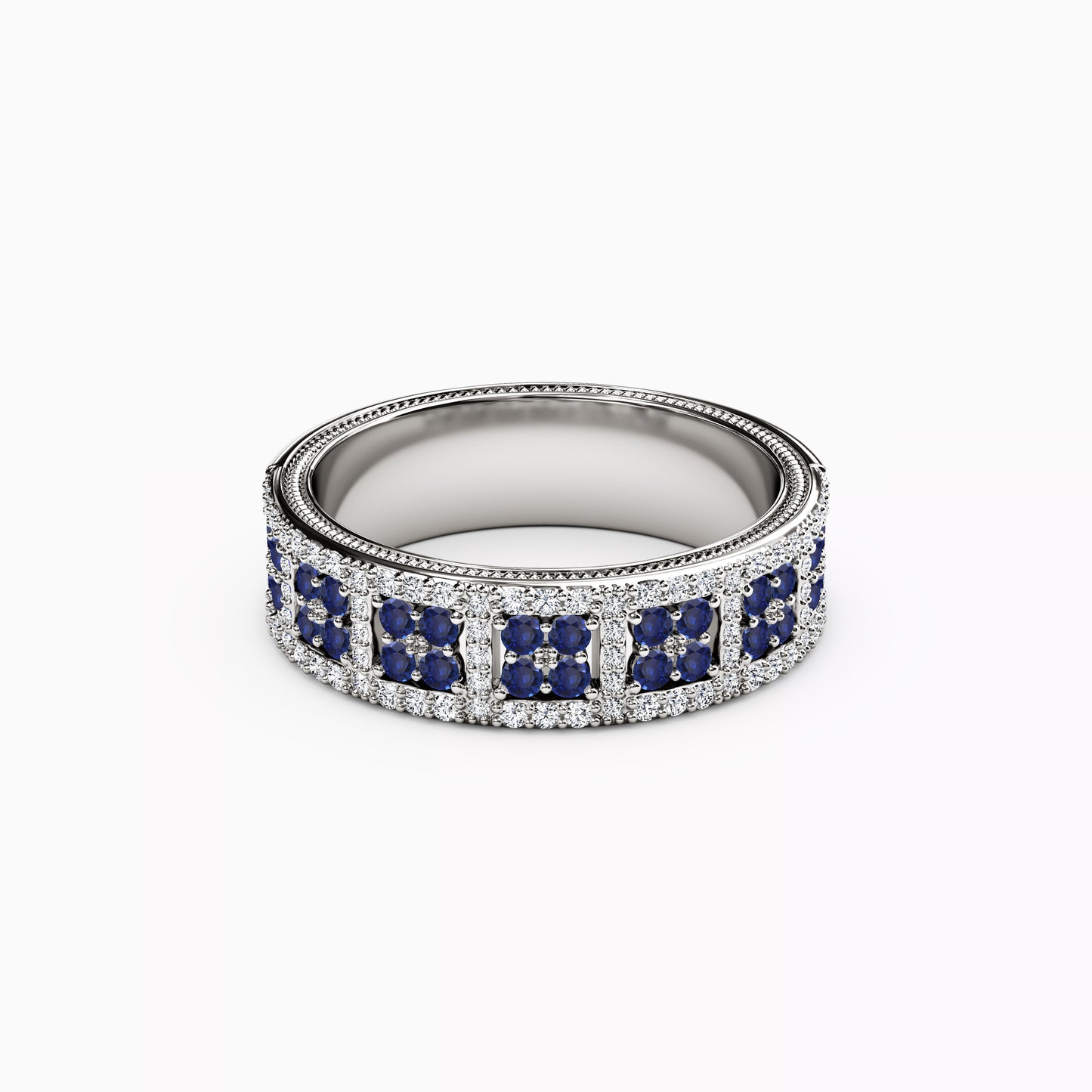 Shared Prong Detailed Edge Ring in 14K Gold With Sapphires and Diamonds