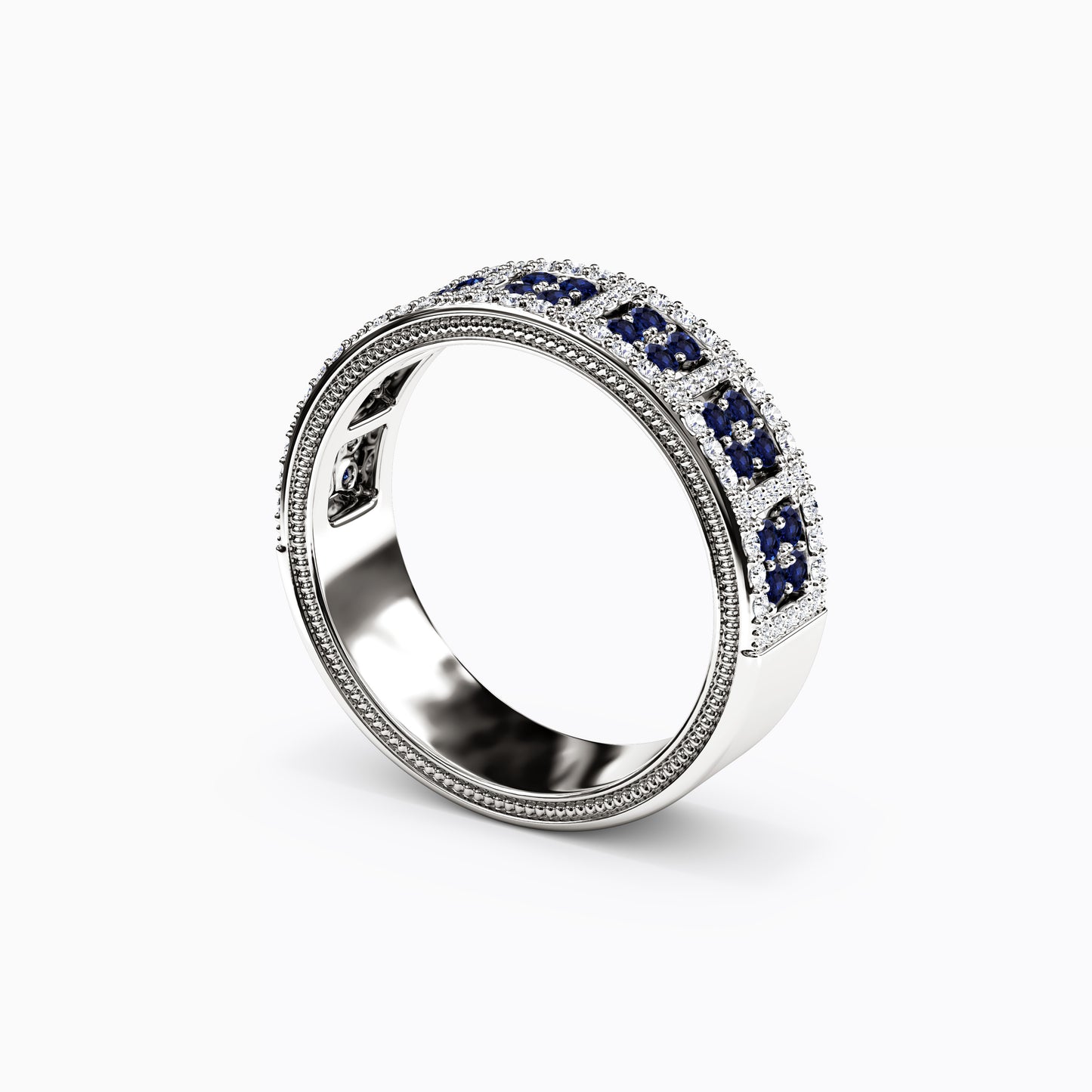 Shared Prong Detailed Edge Ring in 14K Gold With Sapphires and Diamonds