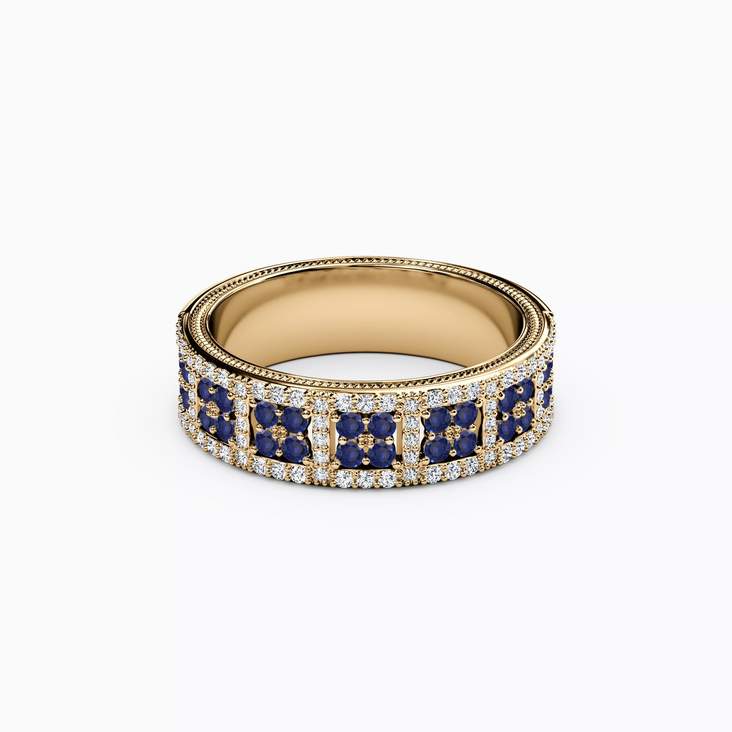 Shared Prong Detailed Edge Ring in 14K Gold With Sapphires and Diamonds