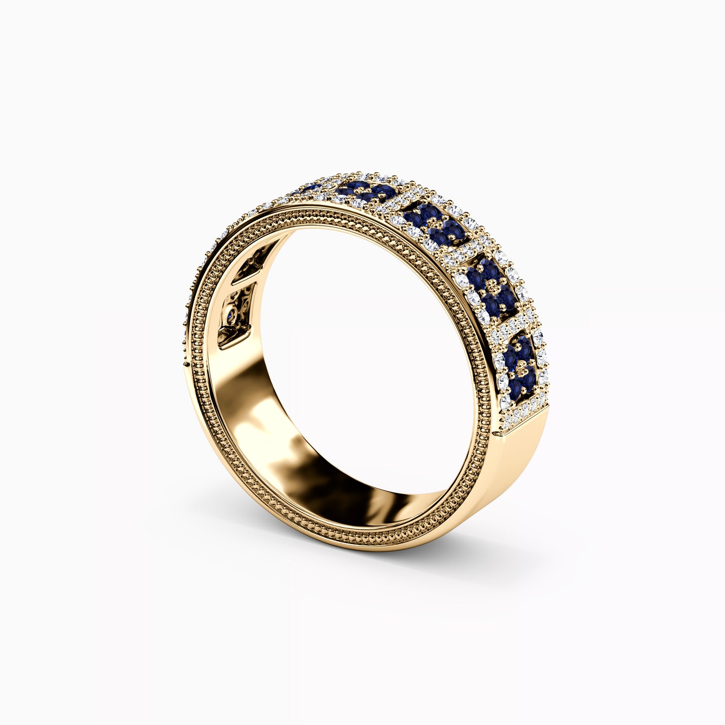 Shared Prong Detailed Edge Ring in 14K Gold With Sapphires and Diamonds