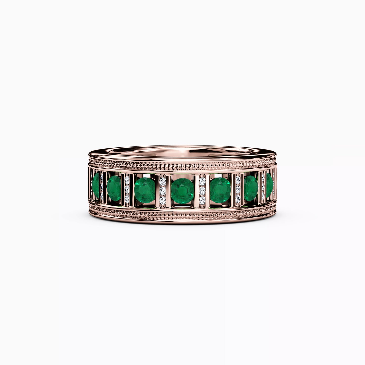 Channel Set Detailed Edge Ring in 14K Gold With Emeralds And Diamonds