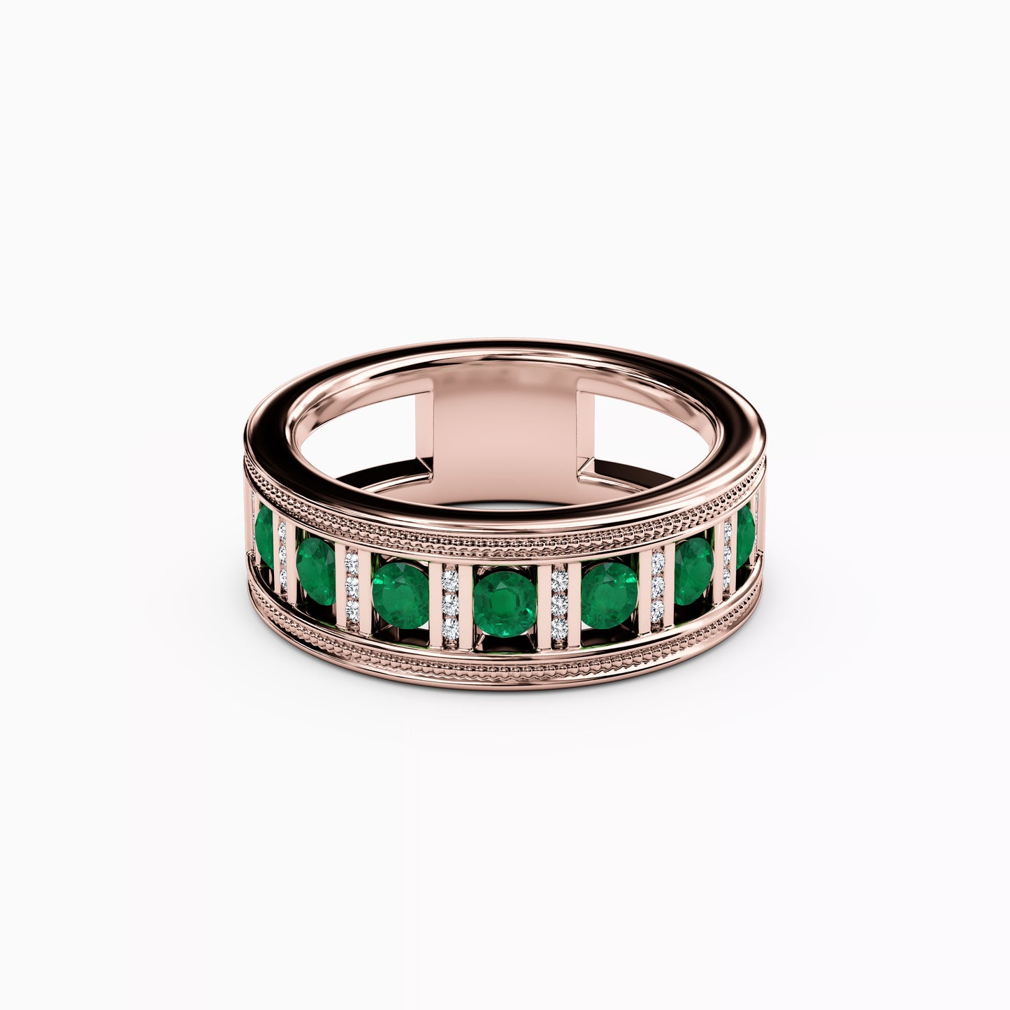 Channel Set Detailed Edge Ring in 14K Gold With Emeralds And Diamonds