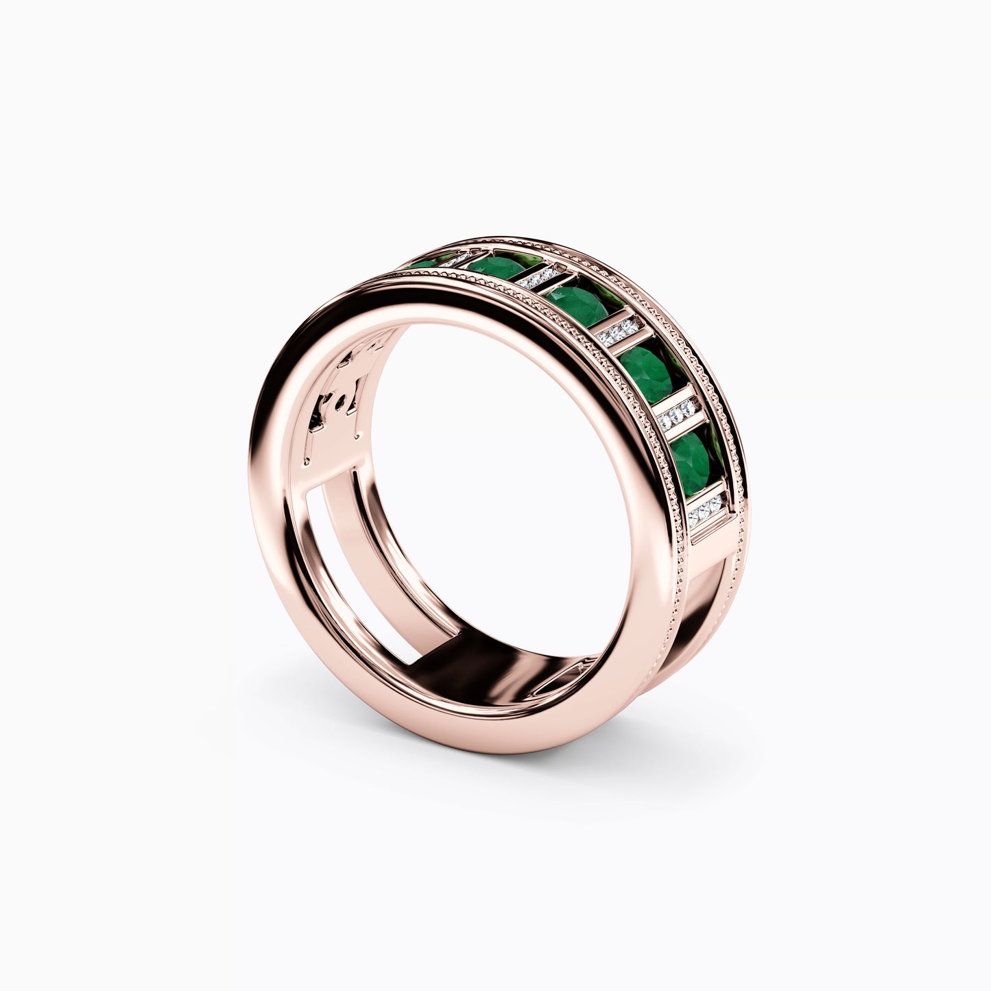 Channel Set Detailed Edge Ring in 14K Gold With Emeralds And Diamonds
