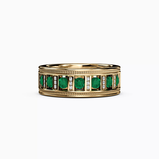 Channel Set Detailed Edge Ring in 14K Gold With Emeralds And Diamonds