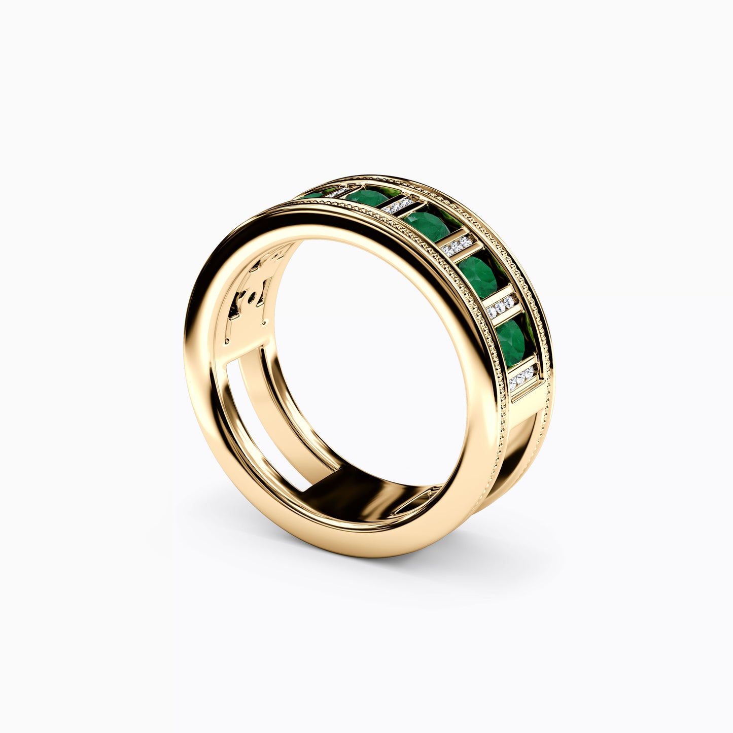 Channel Set Detailed Edge Ring in 14K Gold With Emeralds And Diamonds