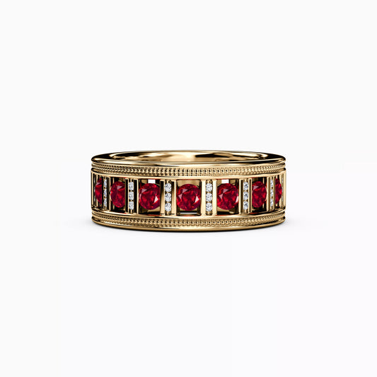 Channel Set Detailed Edge Ring in 14K Gold With Rubies And Diamonds