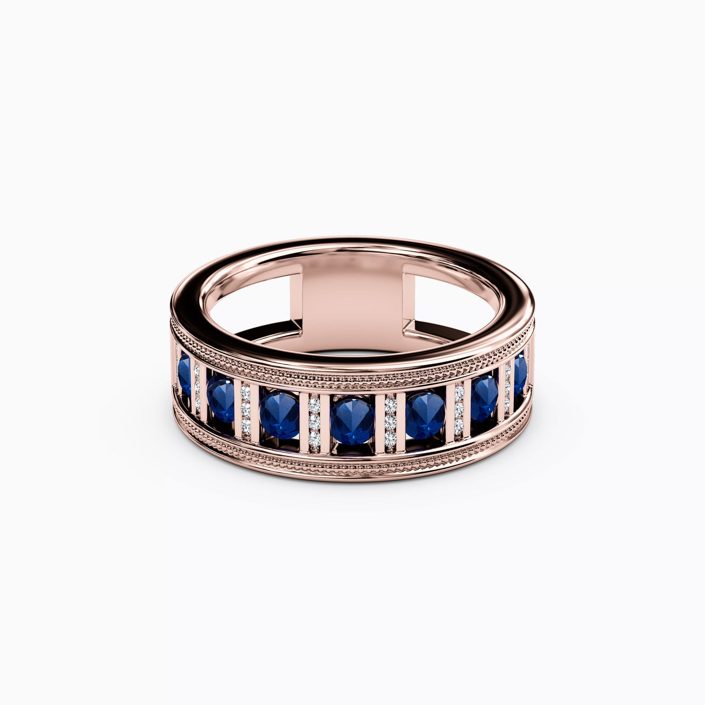 Channel Set Detailed Edge Ring in 14K Gold With Sapphires And Diamonds